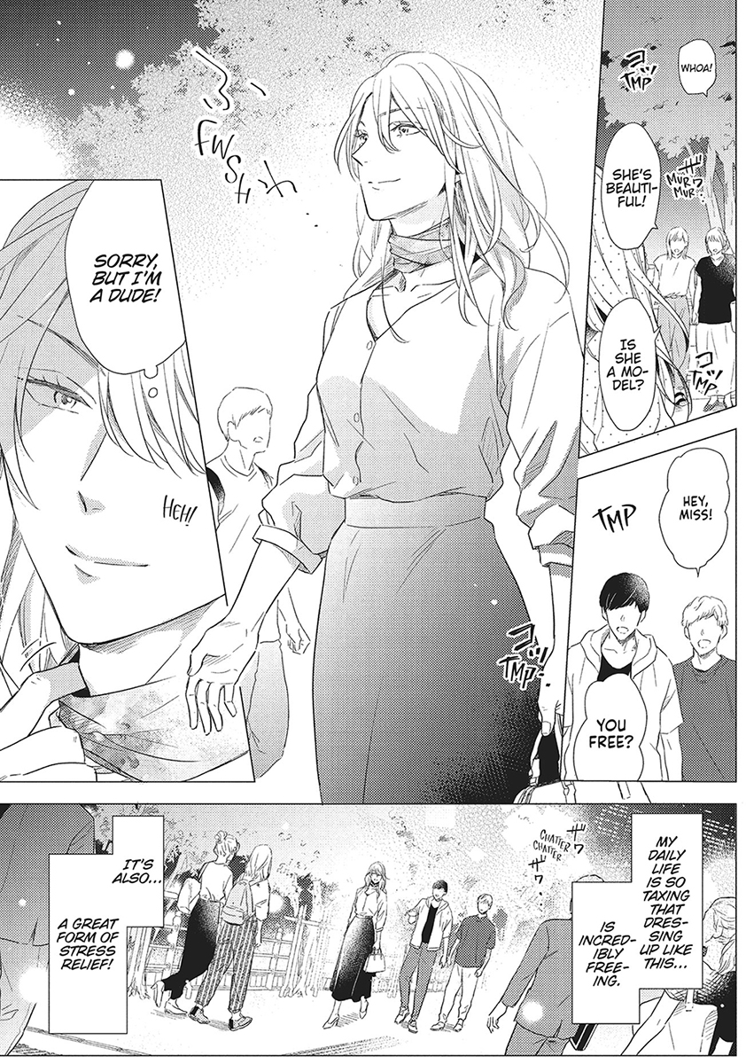 Manga page from Beautiful Things showing Matsuoka happily cross-dressing.