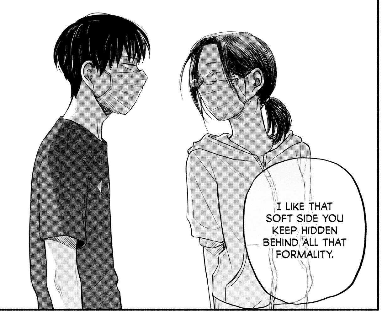 Nokoru and Natsu from Home Office Romance walking together. Speech bubble says "I like that soft side you keep hidden behind all that formality."