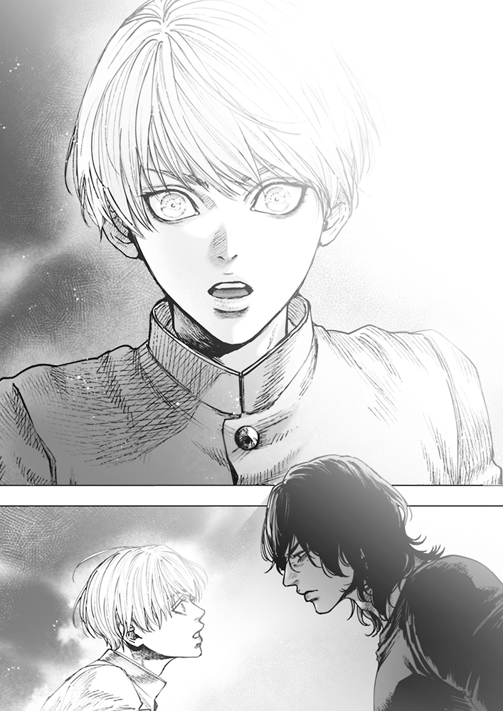 Manga panel from Monster and Ghost volume 1 featuring Tsubaki and Kabuto.