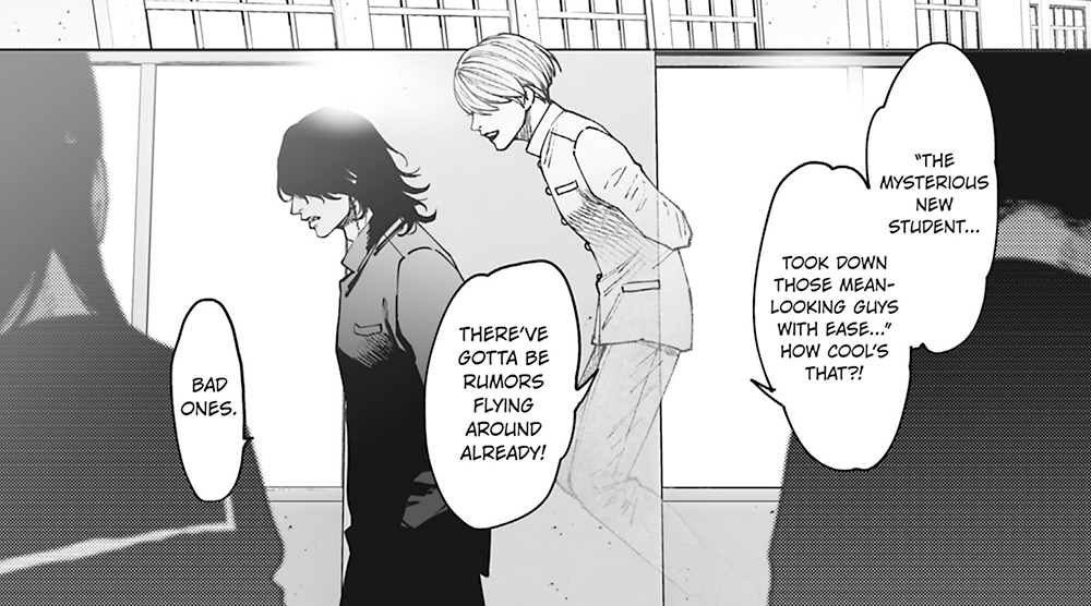 Manga panel from Monster and Ghost volume 1 featuring Tsubaki and Kabuto.