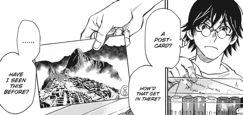 Touya finds a strange postcard hidden behind a box of markers.
