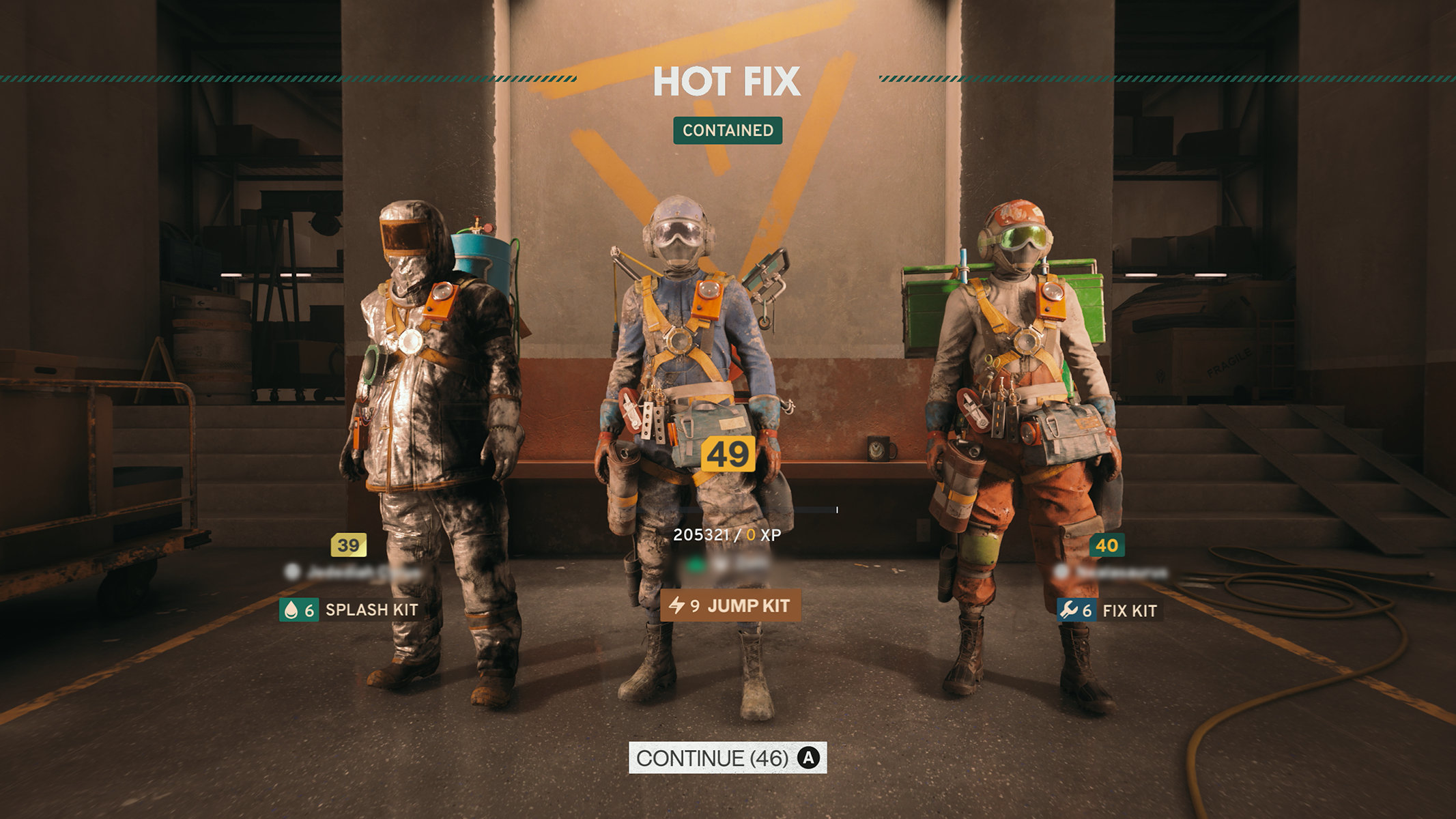 Screenshot of FBC: Firebreak job containment screen with three characters on the screen showcasing different types of armor designs.