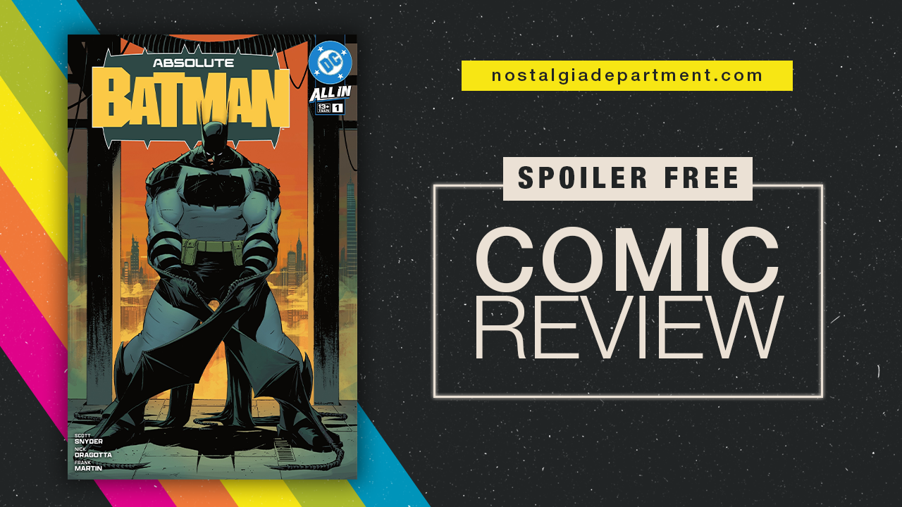 Absolute Batman comic book cover. Image features Absolute Batman standing infront of a burning Gotham. Review written by nostalgiadepartment.com