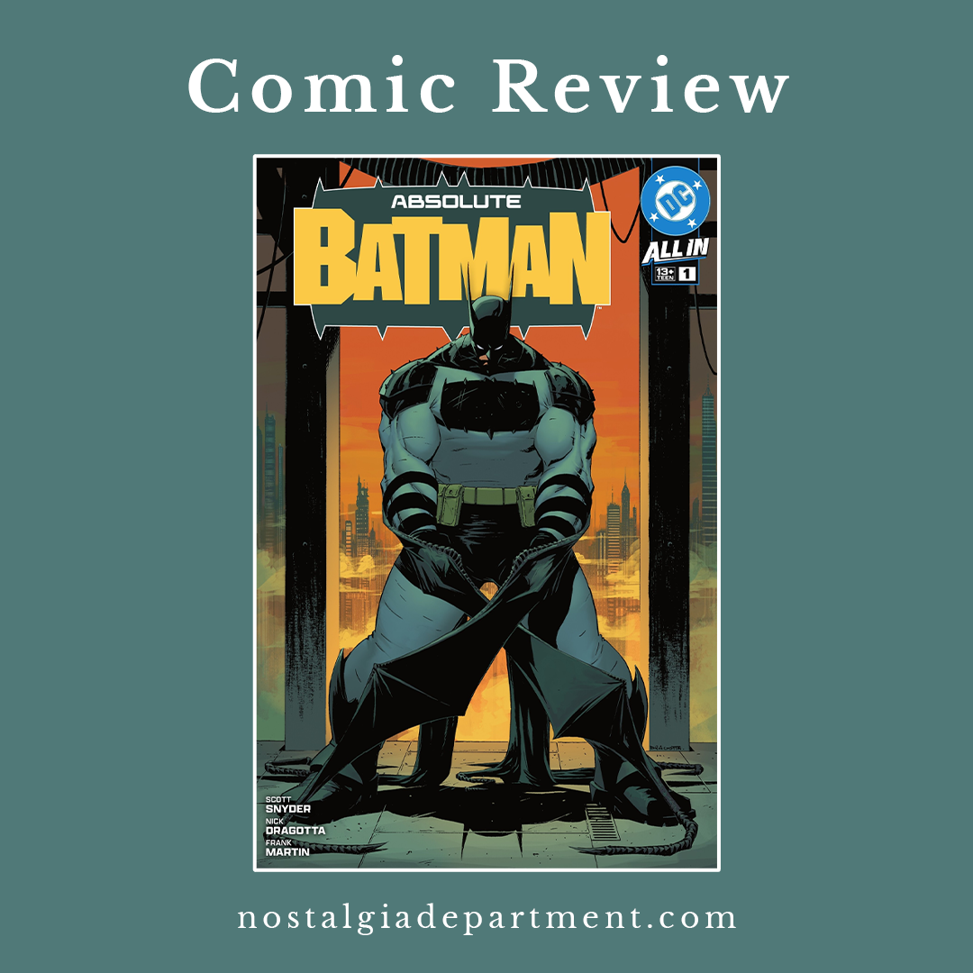 Absolute Batman comic book cover. Image features Absolute Batman standing infront of a burning Gotham. Review written by nostalgiadepartment.com