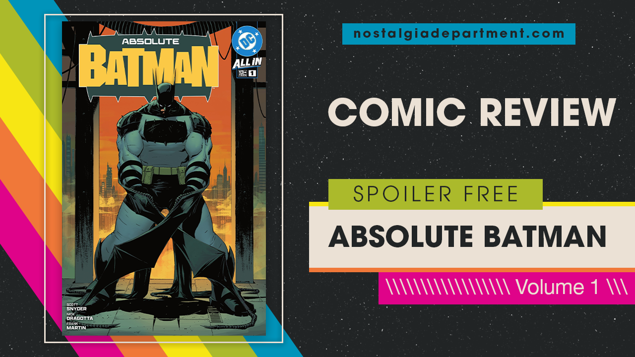 Absolute Batman comic book cover. Image features Absolute Batman standing infront of a burning Gotham. Review written by nostalgiadepartment.com