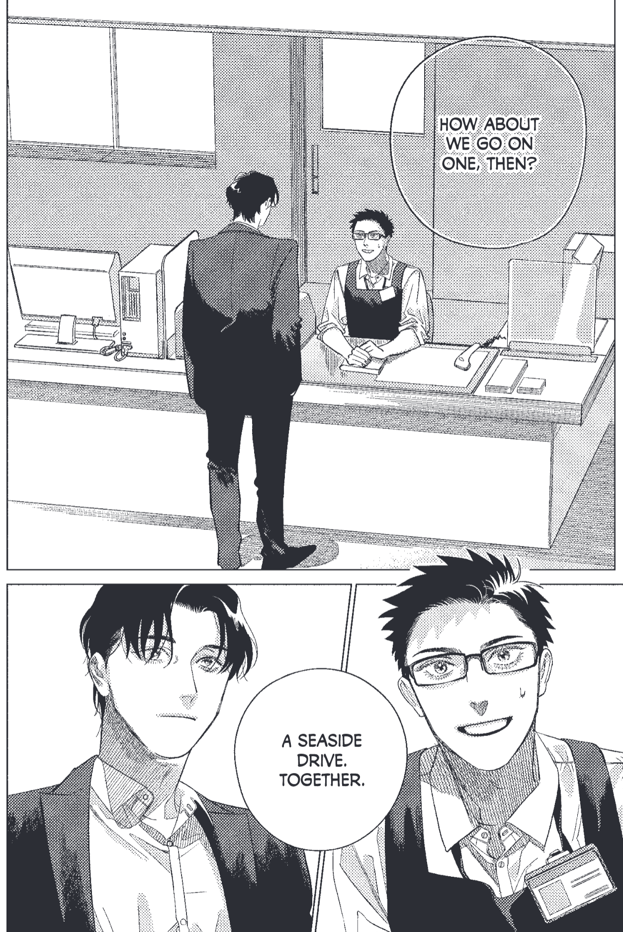 Hagiwara asking Yabumi to go on a drive by the sea with him.