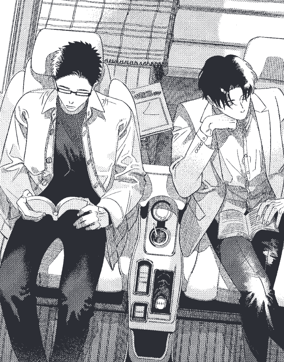 Hagiwara and Yabumi sitting in a car.