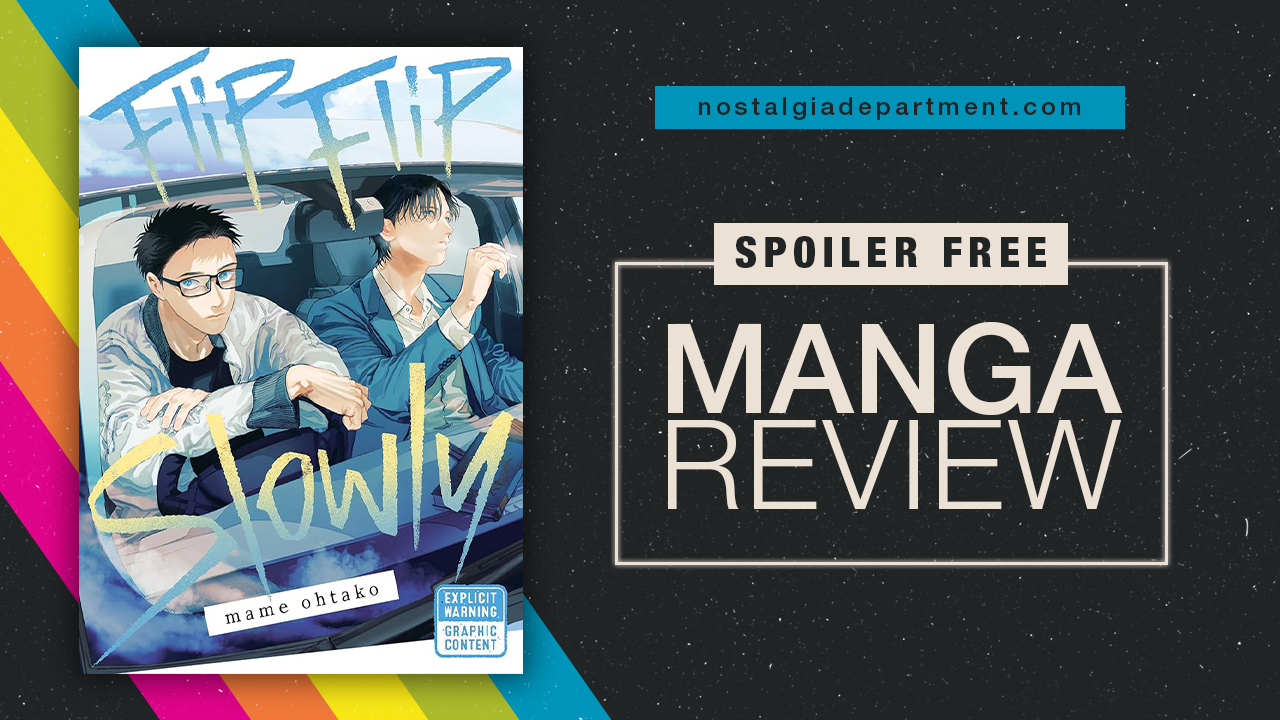 Flip Flip Slowly by Mame Ootako manga cover featuring Hagiwara and Yabumi sitting in a car. Review by nostalgiadepartment.com