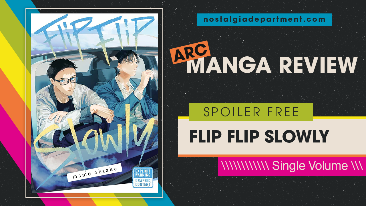 Flip Flip Slowly by Mame Ootako manga cover featuring Hagiwara and Yabumi sitting in a car. Review by nostalgiadepartment.com