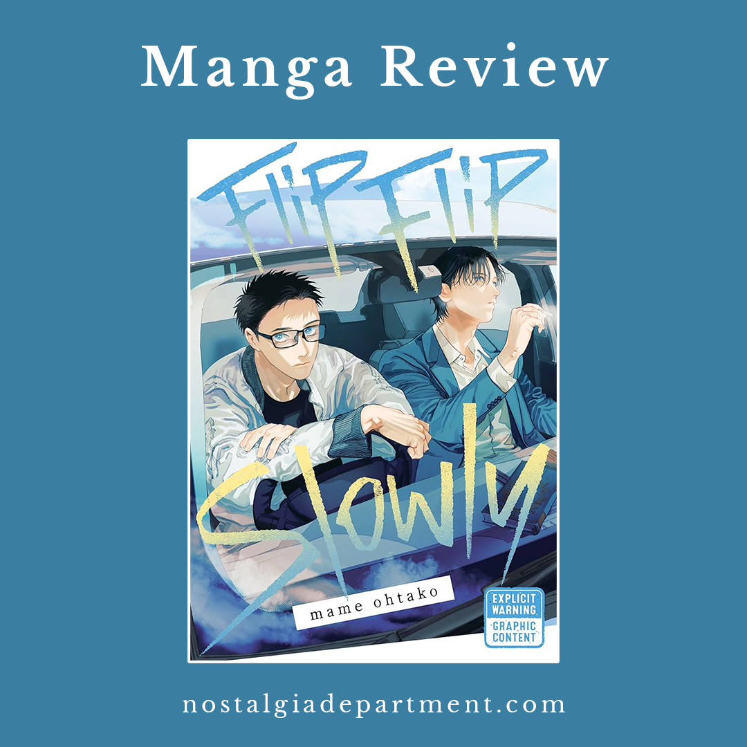 Flip Flip Slowly by Mame Ootako manga cover featuring Hagiwara and Yabumi sitting in a car. Review by nostalgiadepartment.com